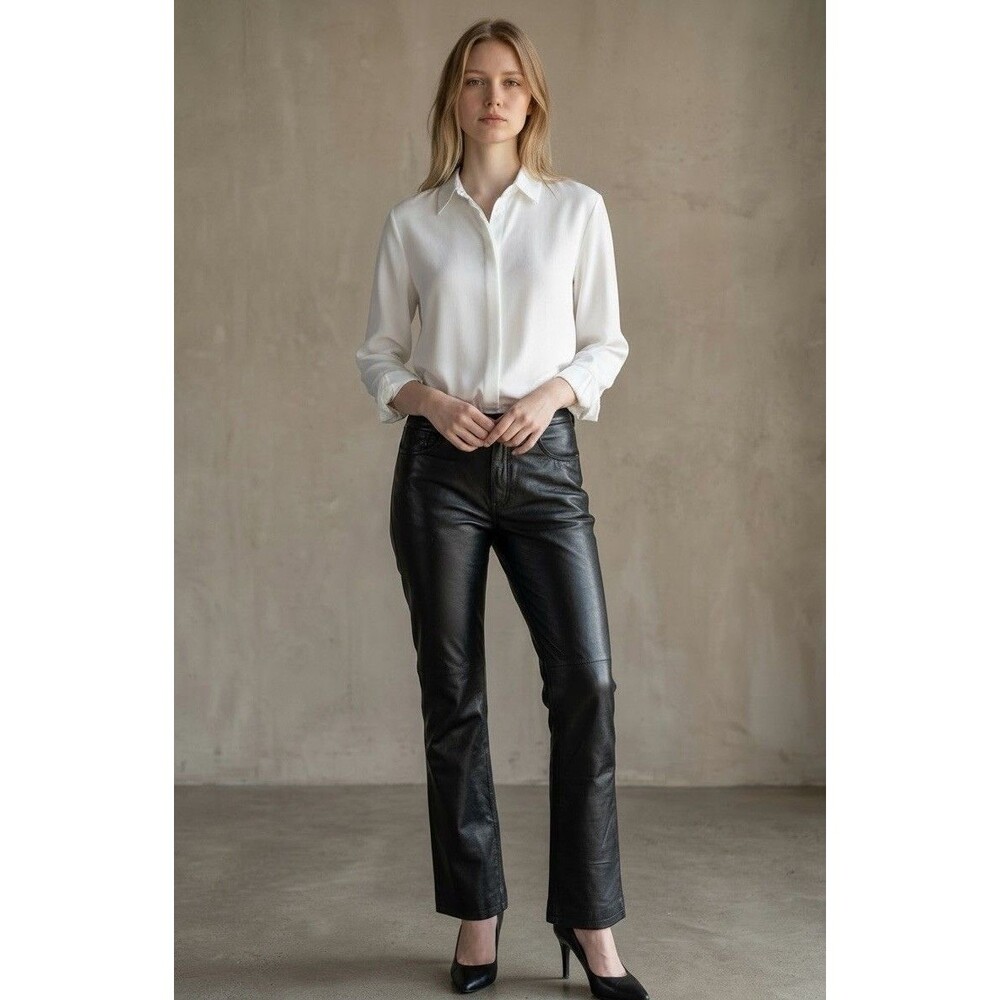 Womens Black 100% Leather Shape Fx By Newport‎ News Size 6 Pants Pockets